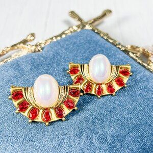 Victorian 14K Gold Earrings, Vintage Opal Sapphire Earrings, Ruby Red Earrings